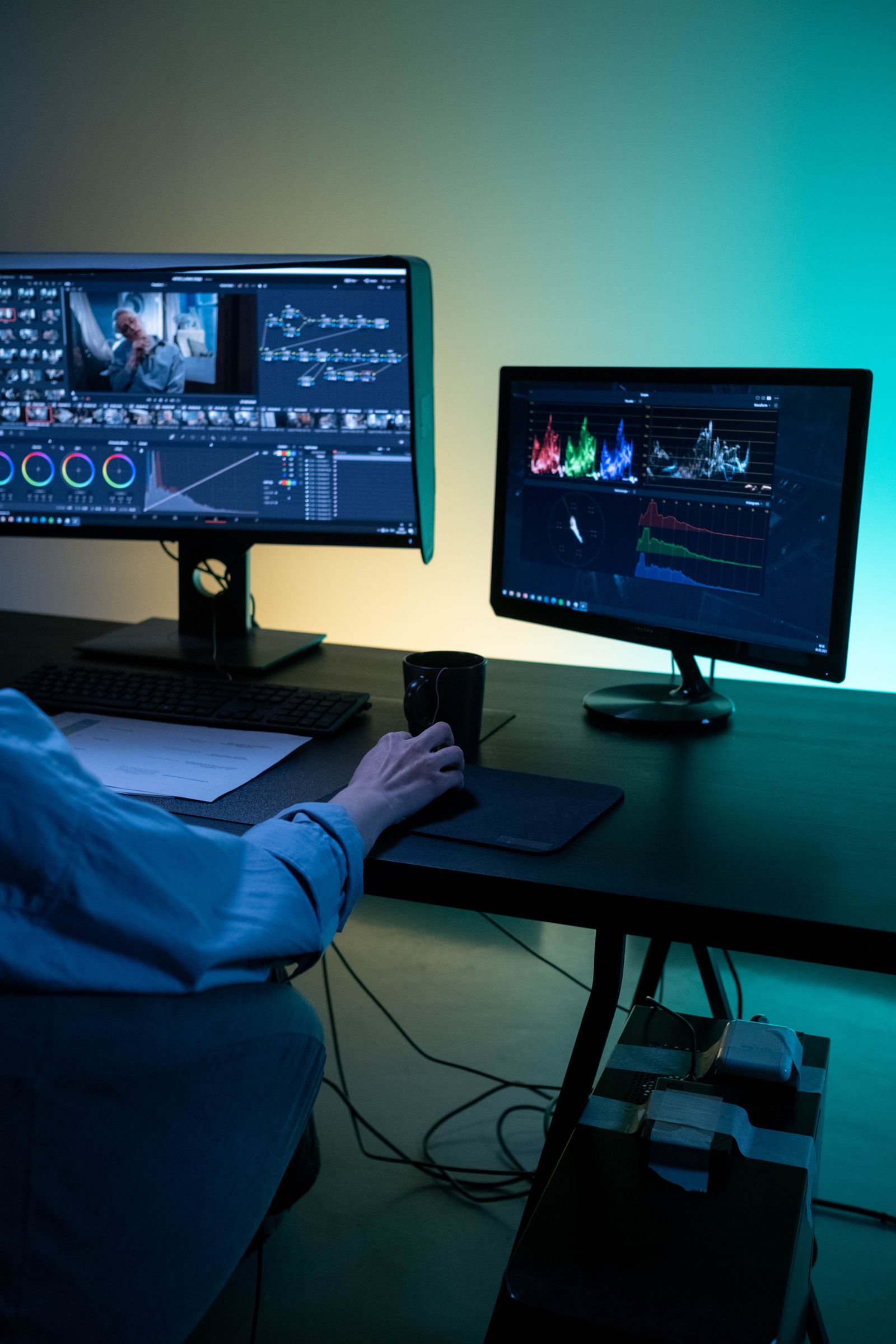 A video editor at a dual-monitor workstation, colour grading footage in a dim studio.